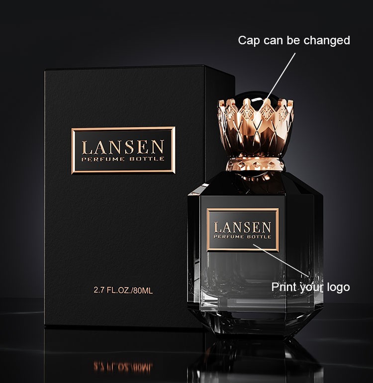 custom octagonal perfume bottle with a rose gold cap showing a changeable cap and a printed brand logo on the front panel