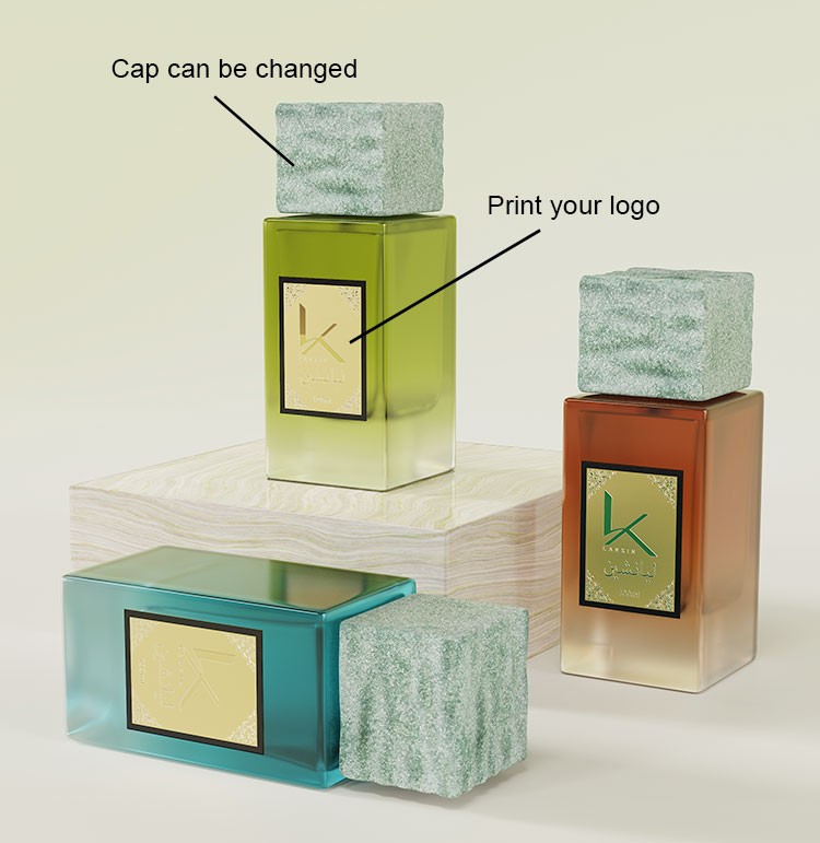 custom rectangular perfume bottle with changeable stone cap and printed logo label