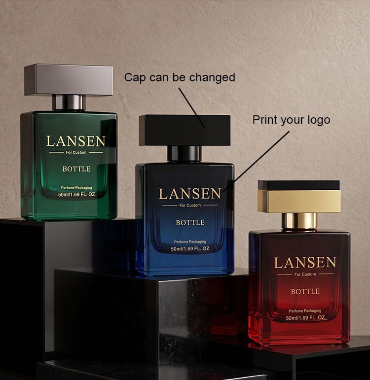 custom rectangular cologne bottles in green blue and red showing a changeable cap and a printed brand logo