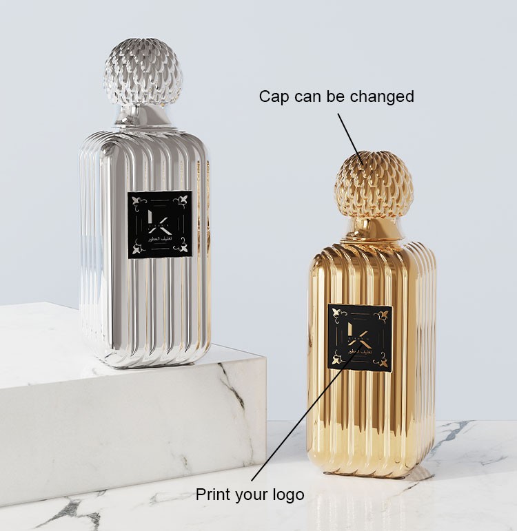custom ribbed perfume bottle showing a changeable fluted dome cap and printed logo on the front face of the glass body