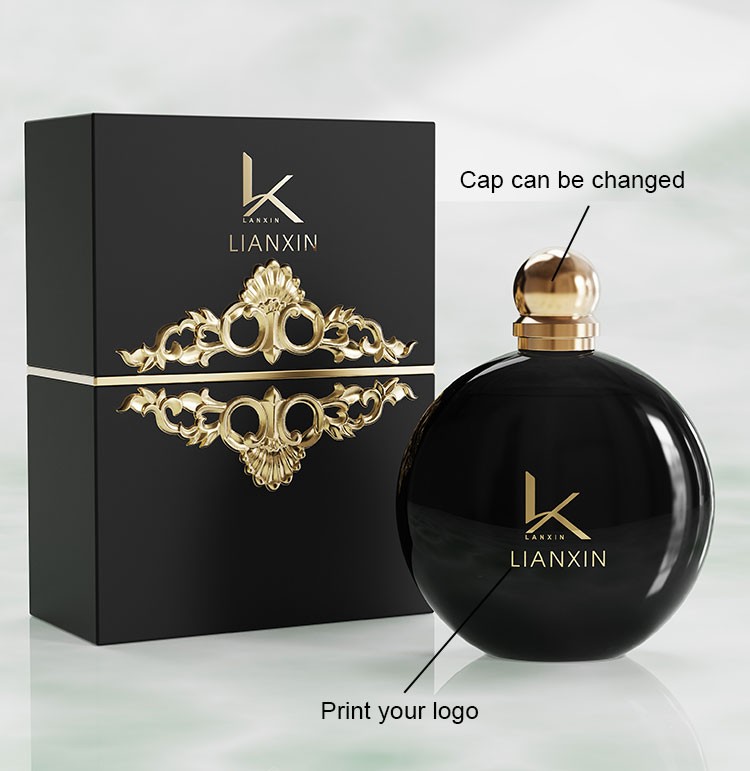 custom round perfume bottle with changeable ball cap and printed logo on the glass body
