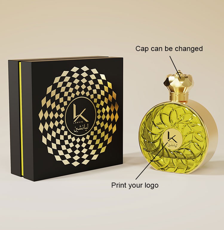 custom spiral pattern perfume bottle with changeable cap and printed logo on the face beside a printed gift box