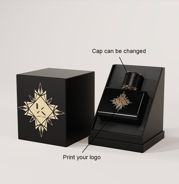 custom square perfume bottle with a changeable cortical cap and printed logo beside a black gift box