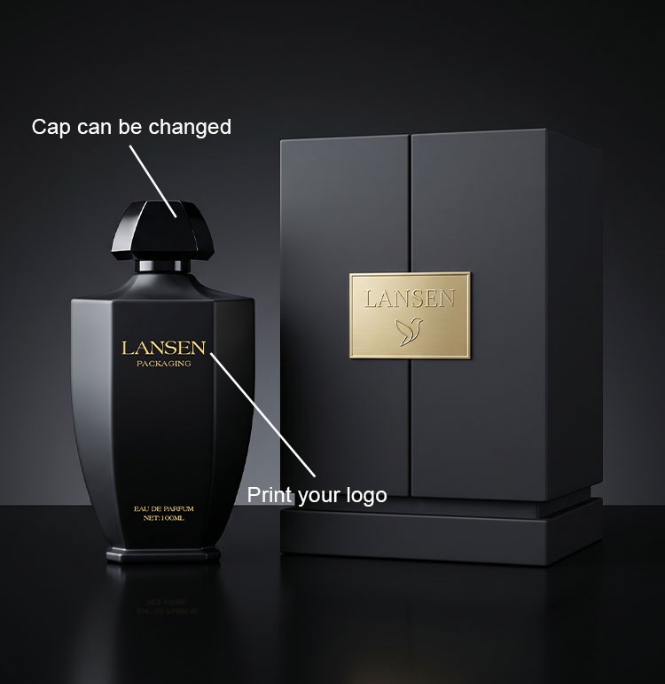 custom tapered perfume bottle beside a gift box showing a changeable cap and a printed brand logo