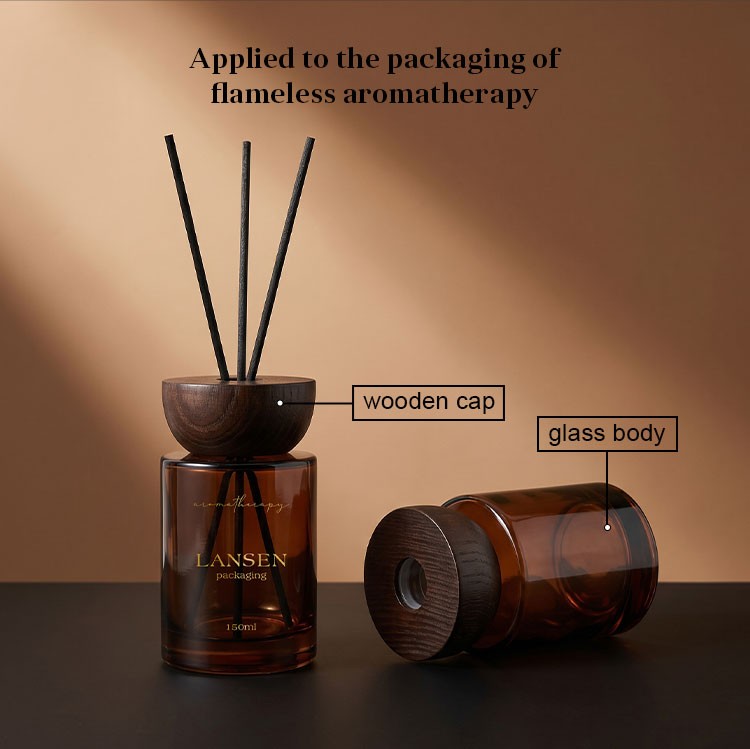 cylindrical amber glass reed diffuser bottle structure glass body and wooden cap for flameless aromatherapy