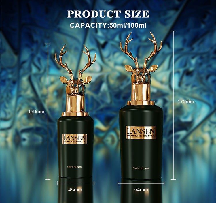 deer head perfume bottle size chart showing 50ml at 159mm tall by 45mm diameter and 100ml at 172mm tall by 54mm diameter