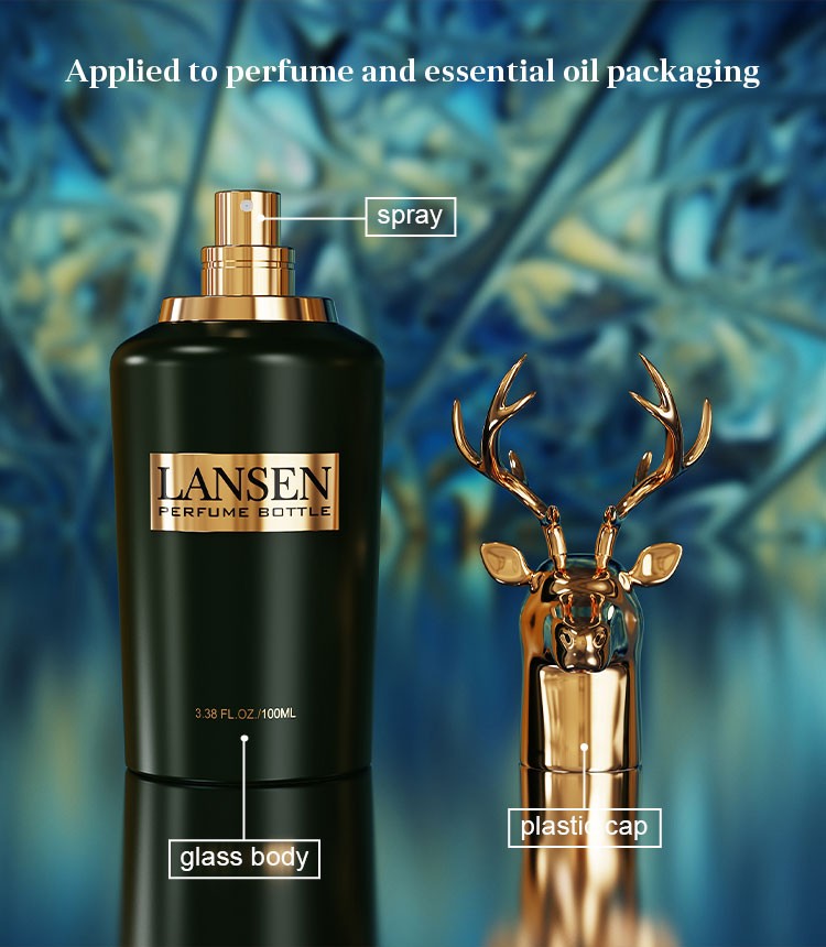 deer head perfume bottle structure diagram labelling the spray, glass body and plastic cap, applied to perfume and essential oil packaging