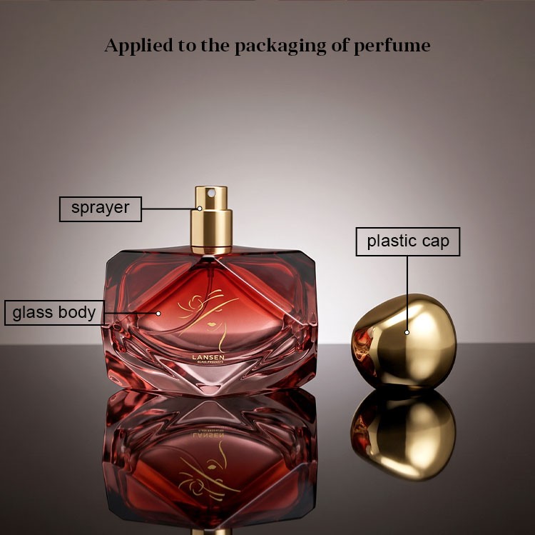 diamond cut perfume bottle structure diagram labelling the sprayer, the glass body and the plastic cap, applied to the packaging of perfume
