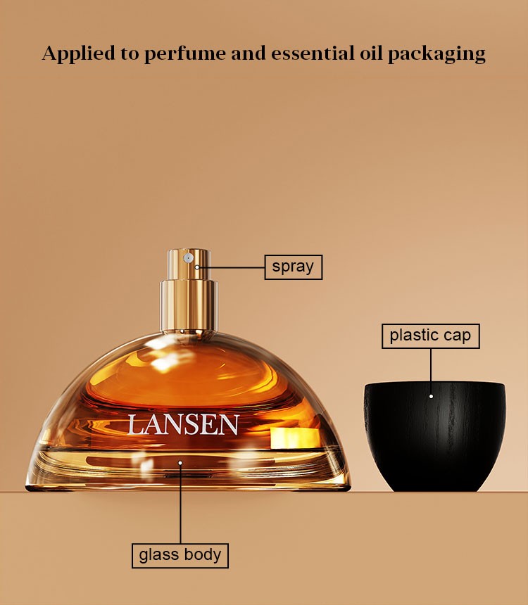 dome shaped perfume bottle structure diagram labelling the spray, glass body and plastic cap, applied to perfume and essential oil packaging