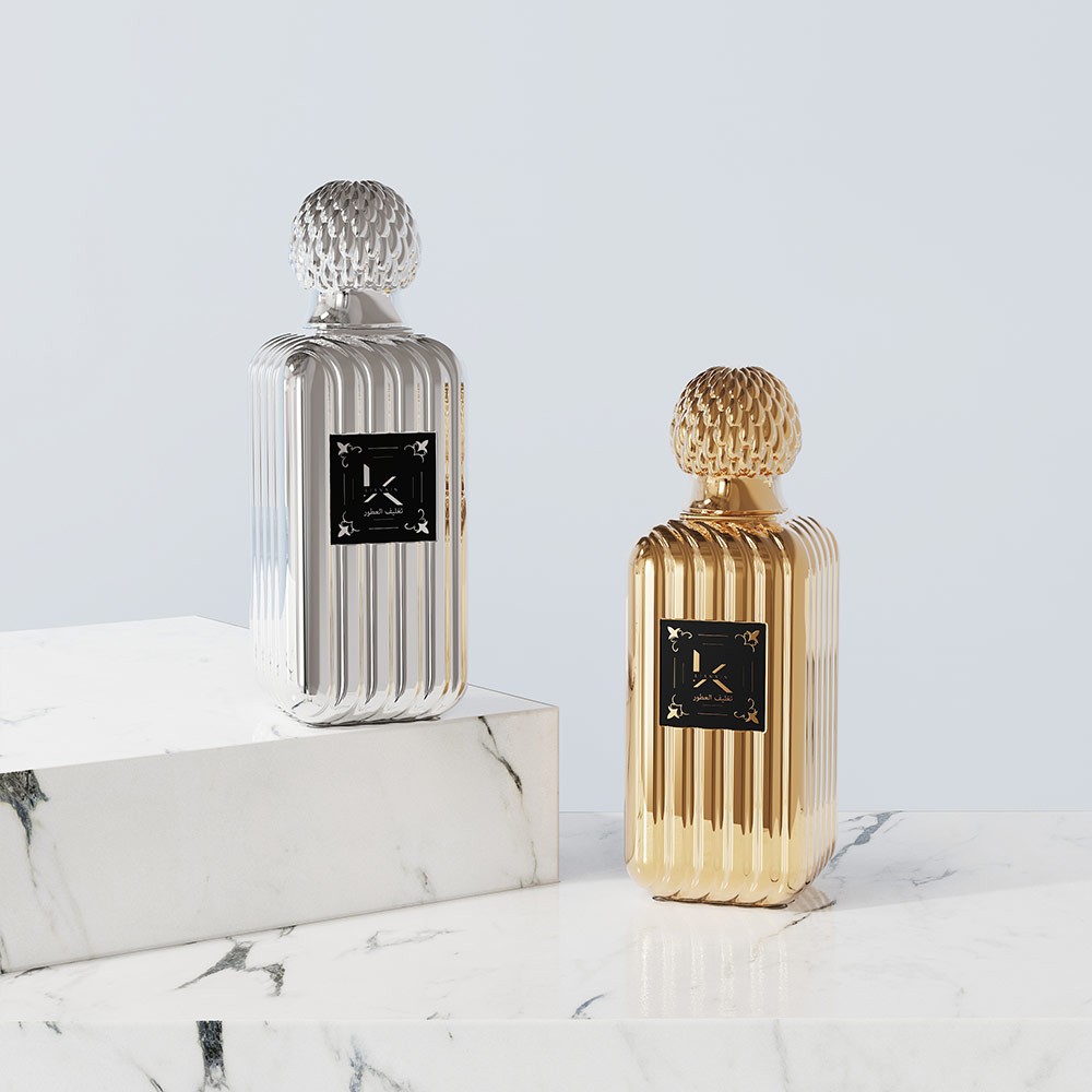 ribbed rectangular glass perfume bottles in silver and gold electroplated finishes with fluted dome plastic caps