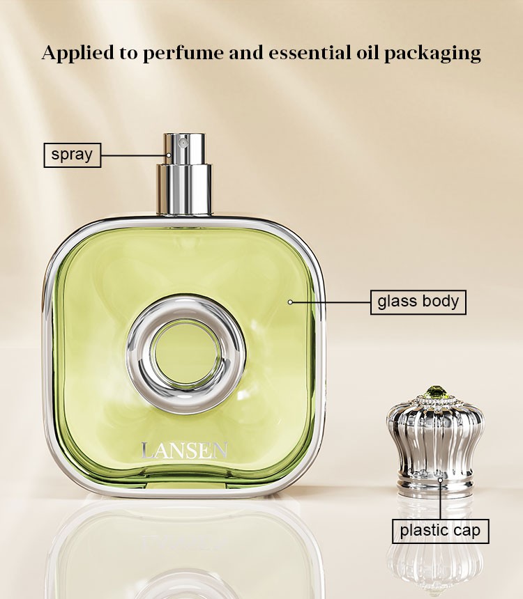 flat square perfume bottle structure diagram labelling the spray, glass body and plastic cap, applied to perfume and essential oil packaging