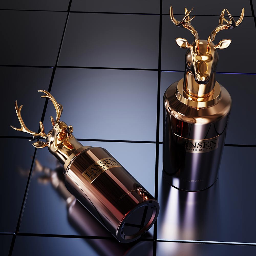 gold deer head cap perfume bottles in mirrored gold and dark brown finishes standing and lying on a black tiled surface
