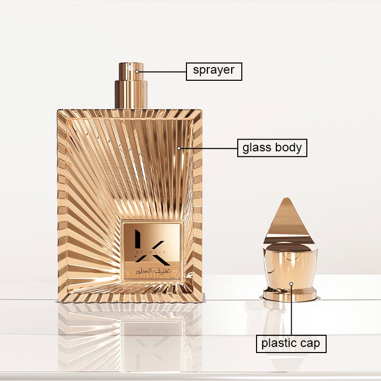 gold rectangular perfume bottle structure diagram labelling the sprayer, glass body and plastic cap