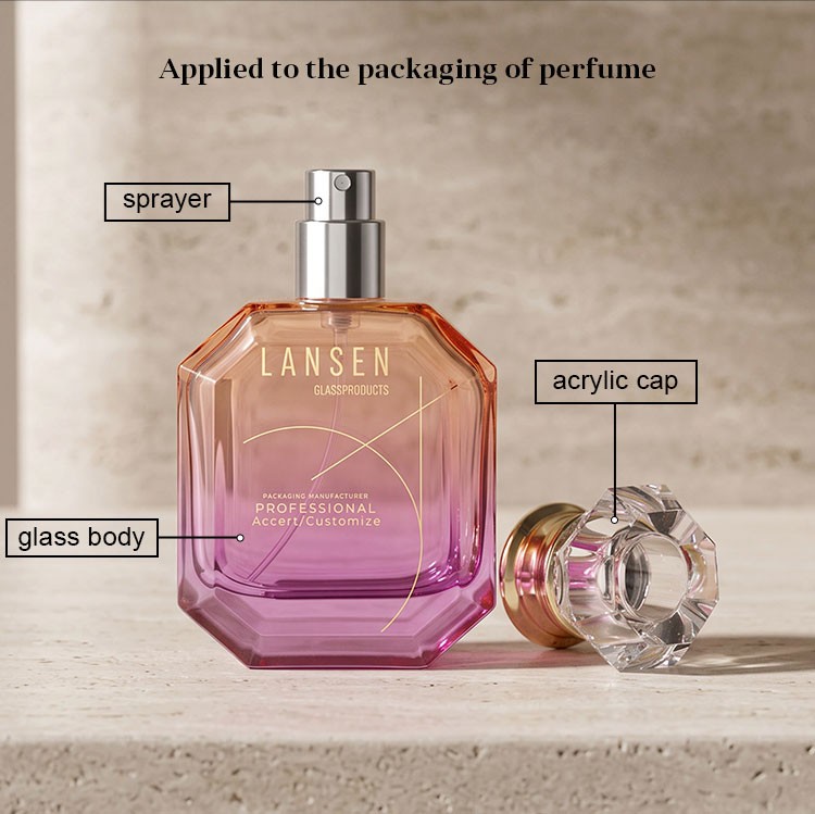 gradient glass perfume bottle structure diagram labelling the sprayer the glass body and the faceted acrylic cap applied to the packaging of perfume