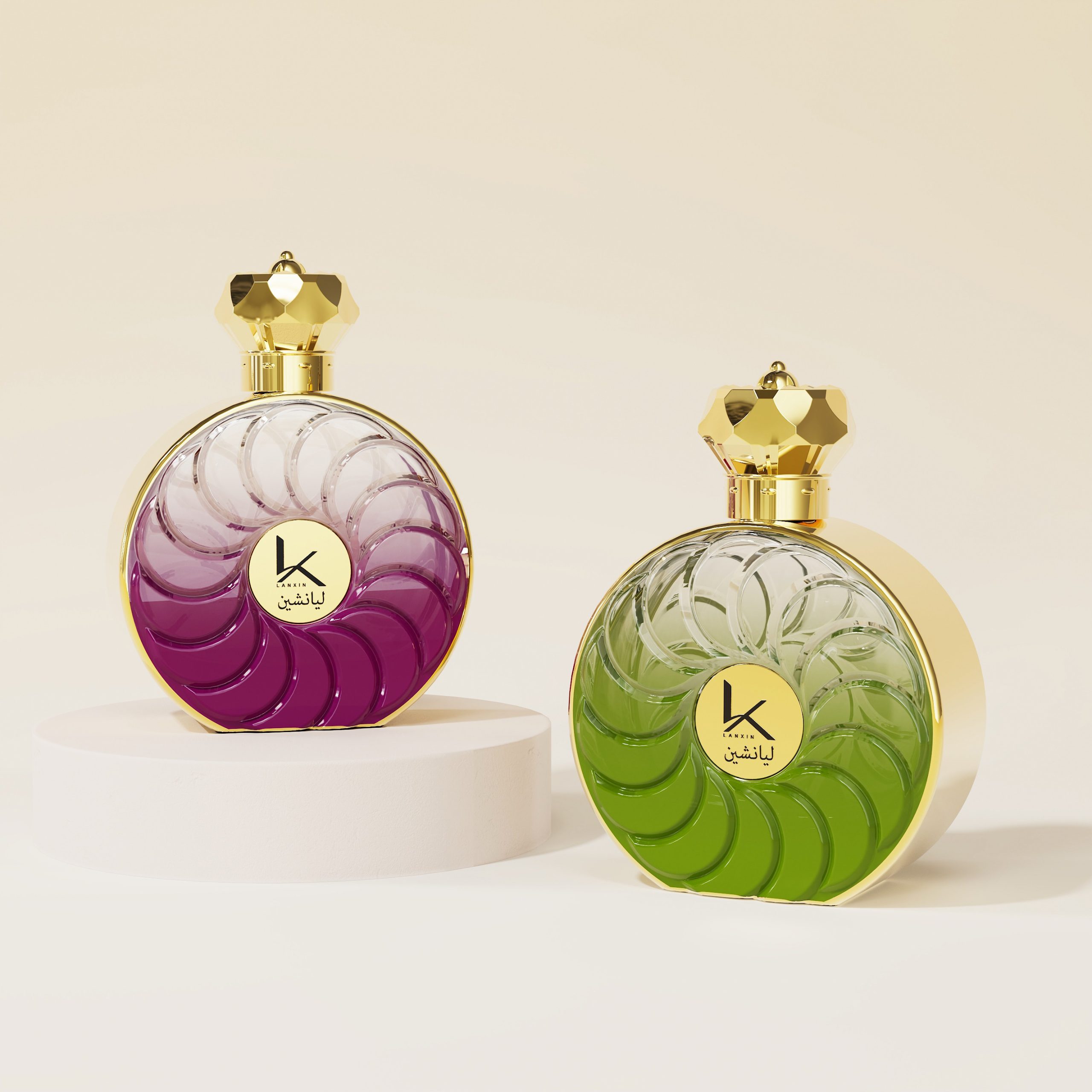 gradient round perfume bottles with spiral pattern in purple and green