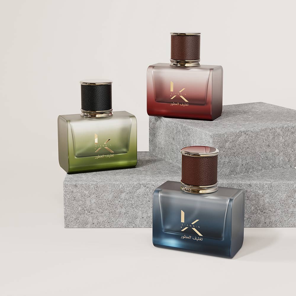 frosted gradient square perfume bottles with rounded shoulders in green, red and blue