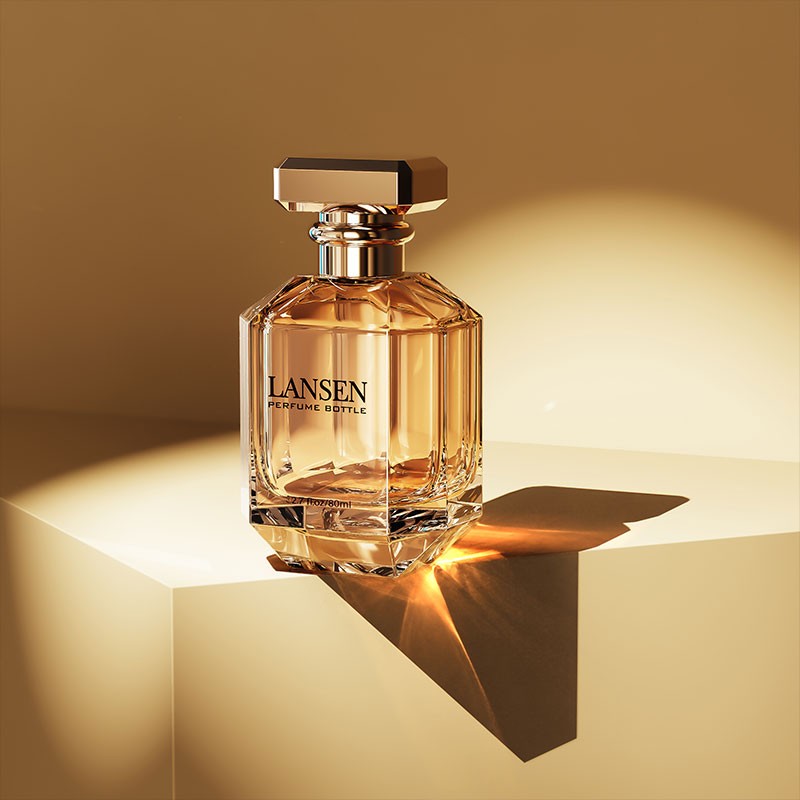 80ml octagonal perfume bottle with an amber gold finish and a gold cap lit by a warm shadow
