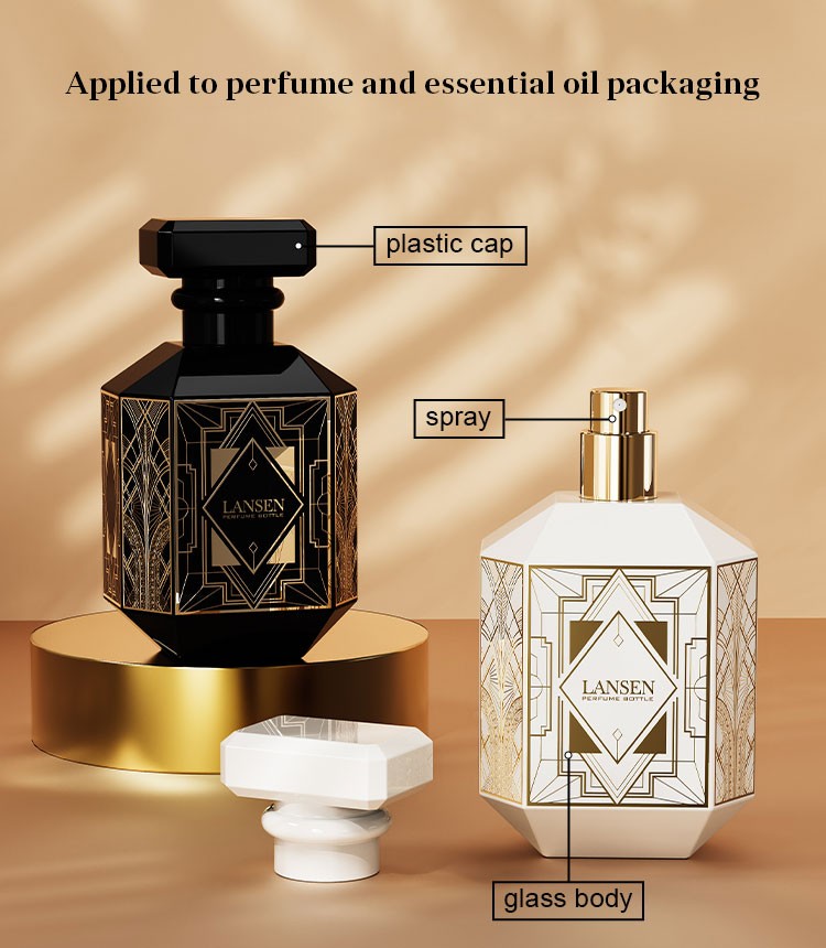 octagonal perfume bottle structure diagram labelling the plastic cap, the spray and the glass body, applied to perfume and essential oil packaging