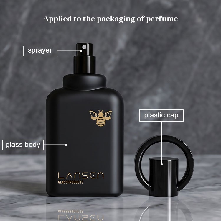 perfume bottle structure diagram labelling the sprayer, the glass body and the ring cap listed as a plastic cap