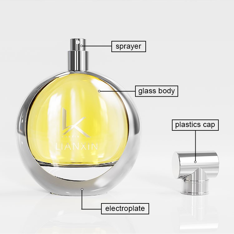 round perfume bottle structure showing sprayer, glass body, plastic ball cap and electroplated shell