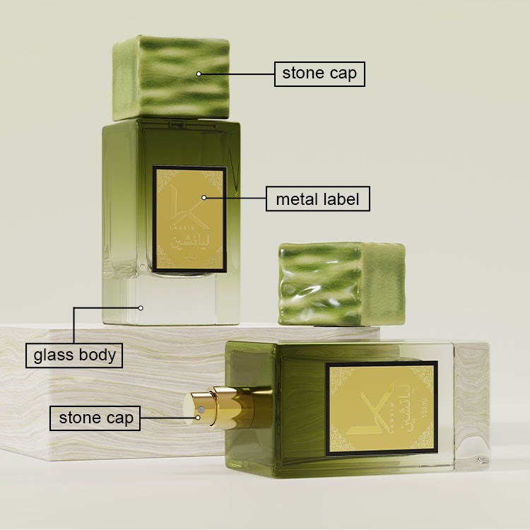 stone cap perfume bottle structure showing glass body, metal label and changeable stone cap