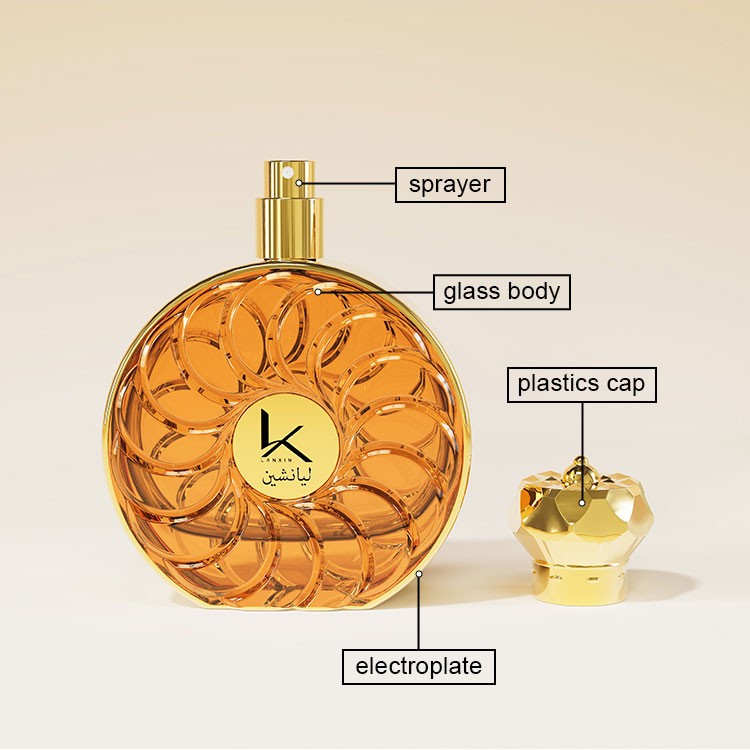 round perfume bottle structure diagram labelling sprayer, glass body, plastics cap and electroplated frame