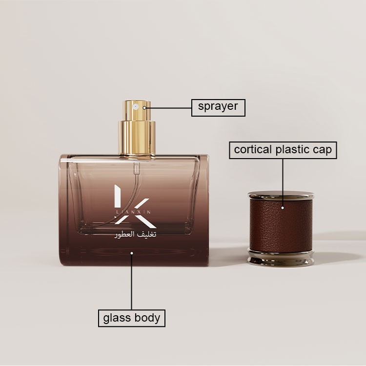 square perfume bottle structure diagram labelling sprayer, glass body and cortical plastic cap