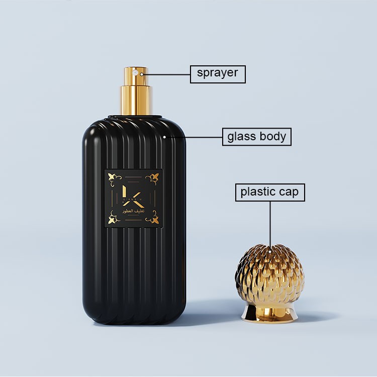 ribbed perfume bottle structure diagram labelling the sprayer, glass body and plastic cap