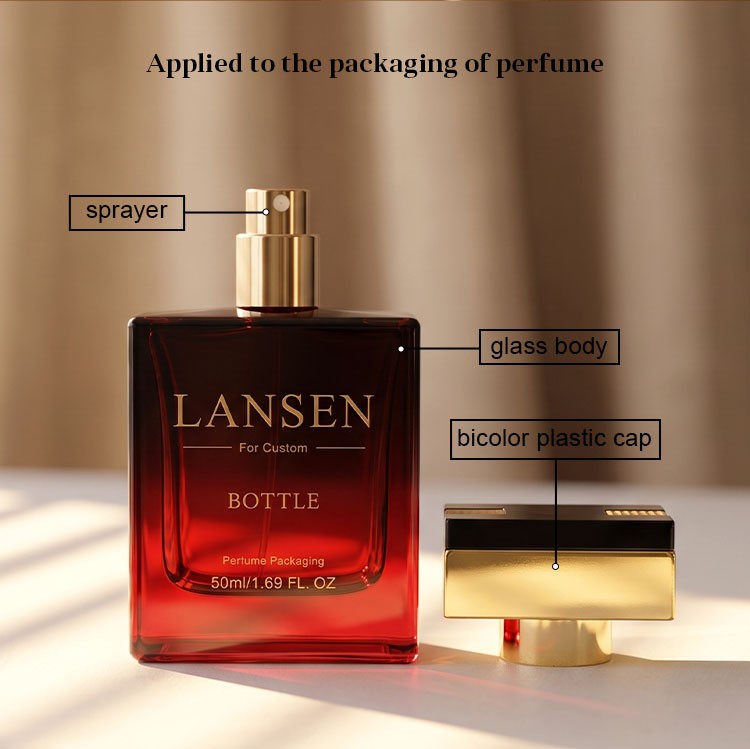 rectangular cologne bottle structure diagram labelling the sprayer the glass body and the bicolor plastic cap applied to the packaging of perfume