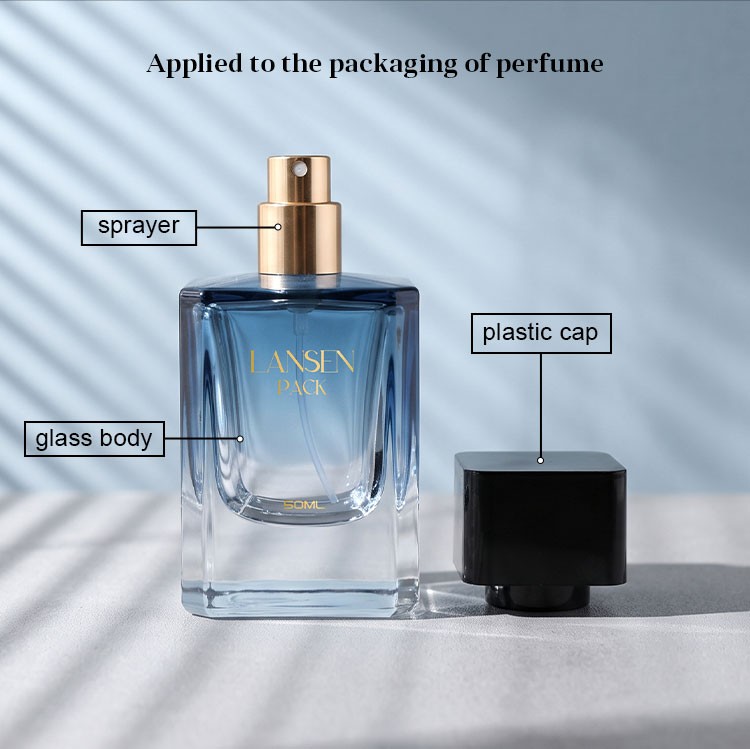 Glass Bottle Wall Thickness & Weight: Buyer's Spec Guide 2 glass perfume bottle structure diagram labelling the sprayer, the glass body and the plastic cap, showing where glass bottle wall thickness is measured on a custom container