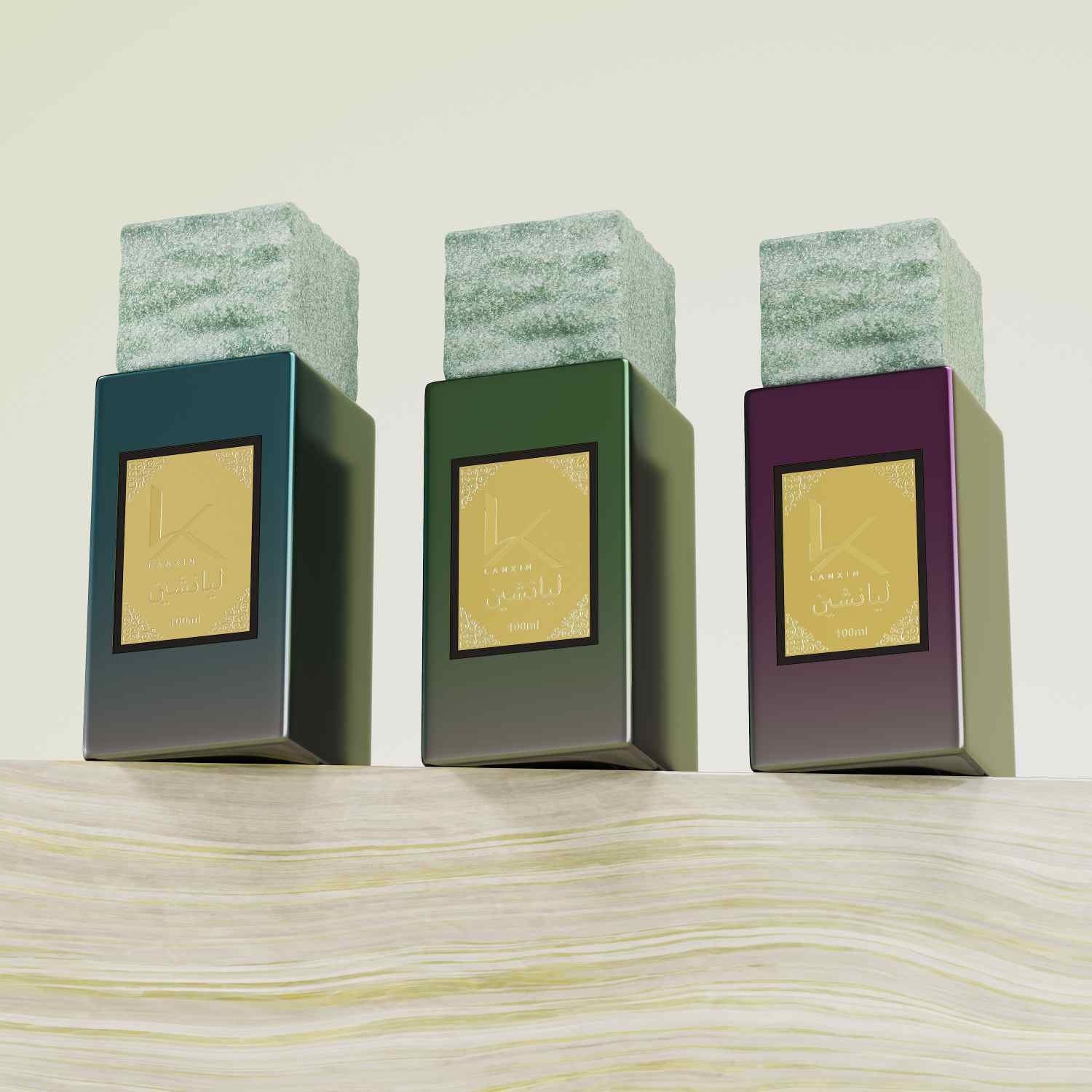 rectangular glass perfume bottle colour options in teal, green and purple with stone caps