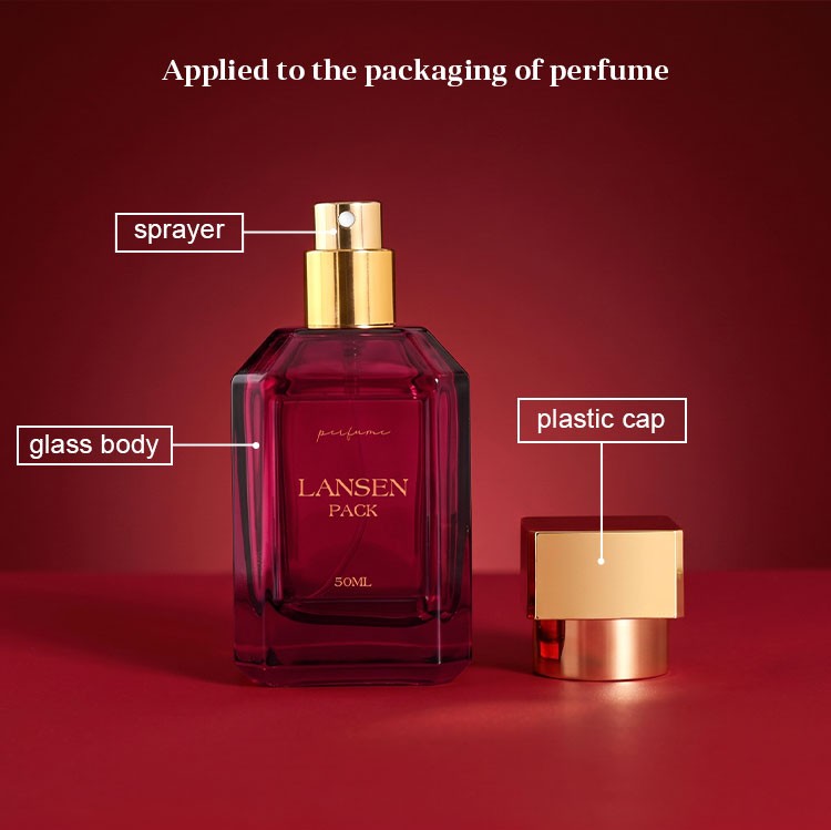 rectangular perfume bottle structure diagram labelling the sprayer, the glass body and the plastic cap, applied to the packaging of perfume
