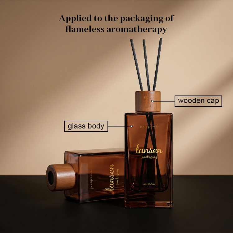 rectangular amber glass reed diffuser bottle structure glass body and wooden cap for flameless aromatherapy