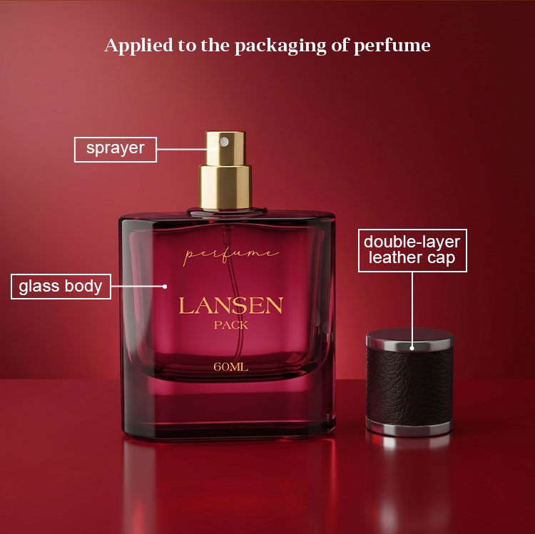 rounded corner perfume bottle structure diagram labelling the sprayer, the glass body and the double-layer leather cap, applied to the packaging of perfume