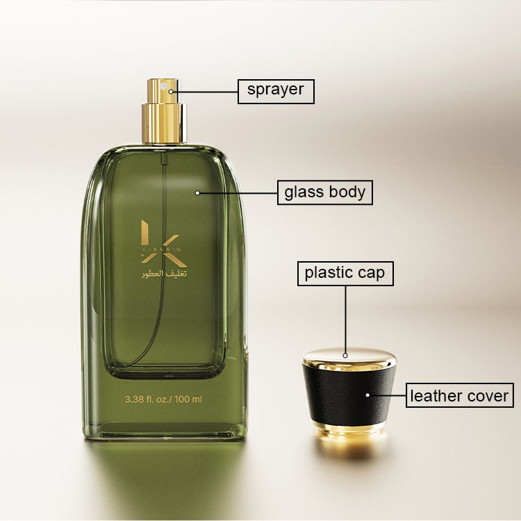 sloped shoulder perfume bottle structure diagram labelling the sprayer, glass body, plastic cap and leather cover
