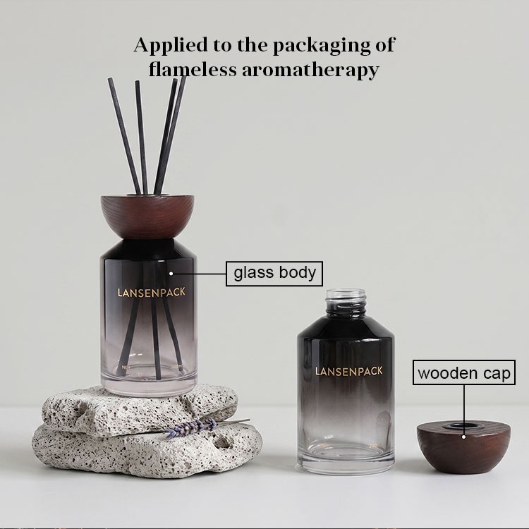 200ml Smoky Black Gradient Glass Reed Diffuser Bottle with Wooden Cap 5 sloped shoulder glass reed diffuser bottle structure glass body and wooden cap for flameless aromatherapy