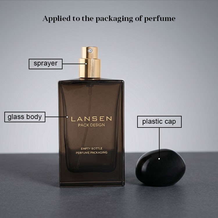 smoky brown perfume bottle structure diagram labelling the gold sprayer, the glass body and the round plastic cap, applied to the packaging of perfume