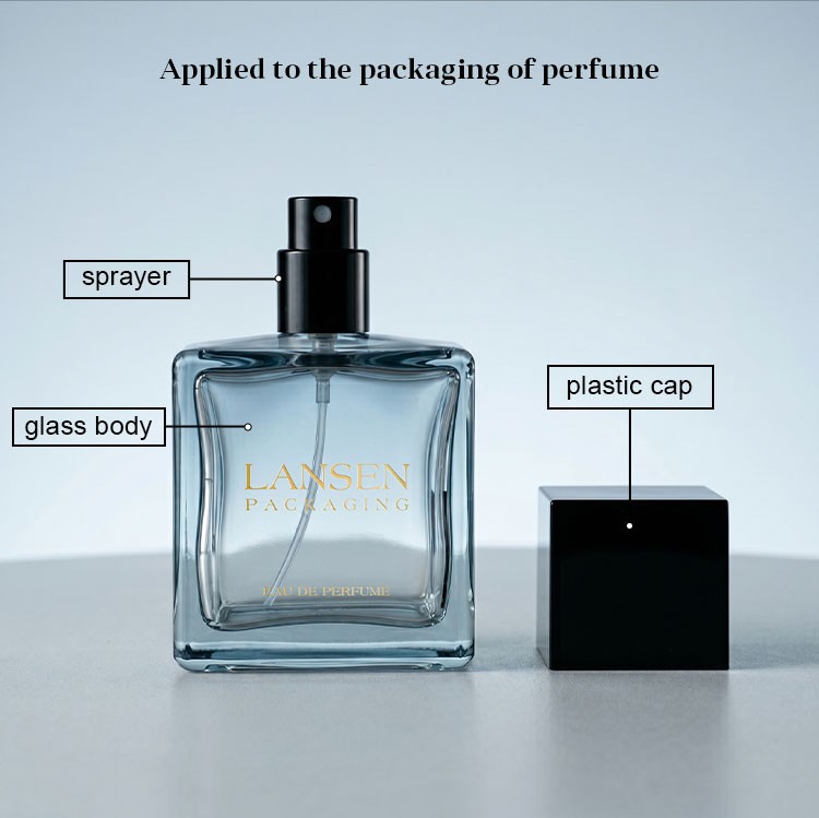 square perfume bottle structure diagram labelling the sprayer, the glass body and the wooden cap, applied to the packaging of perfume