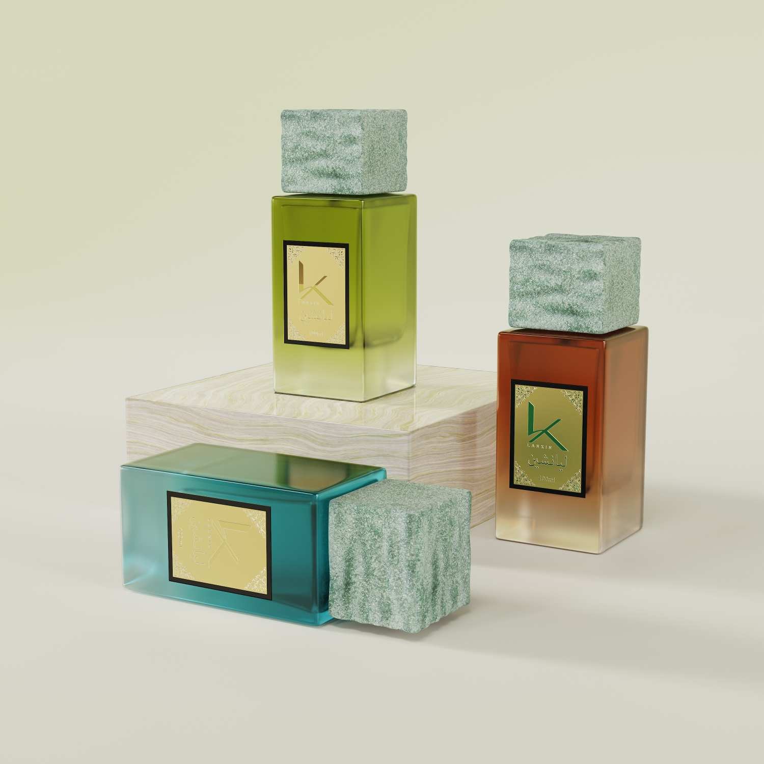 stone cap perfume bottles in olive, amber and teal gradient glass