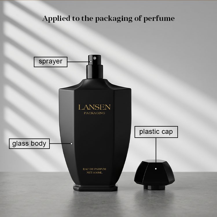 tapered perfume bottle structure diagram labelling the sprayer, the glass body and the plastic cap, applied to the packaging of perfume