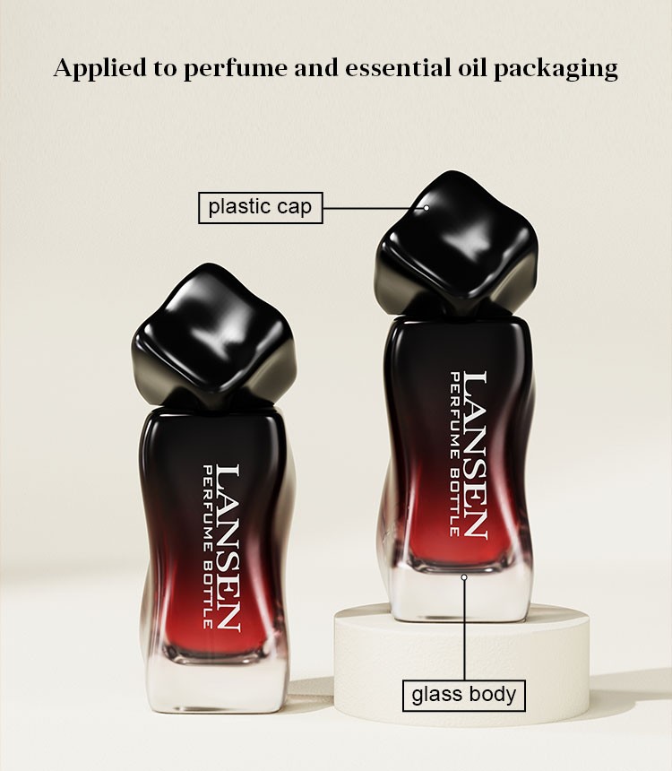 wavy shaped perfume bottle structure diagram labelling the plastic cap and the glass body, applied to perfume and essential oil packaging