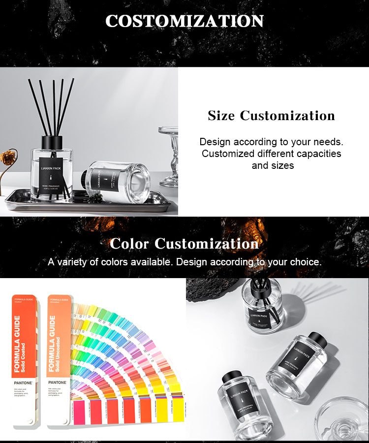 Empty Diffuser Bottles with Black Caps custom details